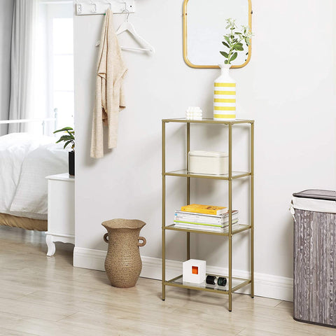Rootz 2 Side Table - Rectangular Glass Table - Gold Iron Frame - Bathroom Cabinet - Adjustable Legs - 40 x 30 x 95 cm (LxWxH)