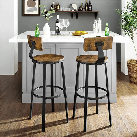 Rootz Bar Stools - Kitchen Stools - Set of 2 Tall Bar Chairs with Backrest - Steel Frame - Industrial - 73 cm High Seat