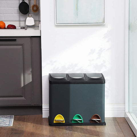 Rootz Trash Can 24L - Trash Can Waste Separation - Pedal Bin Stainless Steel - 3-in-1 Waste Bin - Smoke Gray