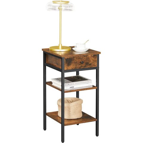 Rootz Bedside table - Side table - Drawer - 2 Shelves - 35 x 35 x 70 cm - Processed Wood - Metal - Industrial - Brown - Black