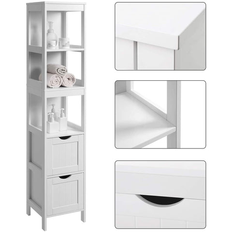 Rootz Storage Cabinet - Bathroom Cabinet - 2 Drawers - 3 Open Compartments - 30 x 30 x 141.5 cm - White