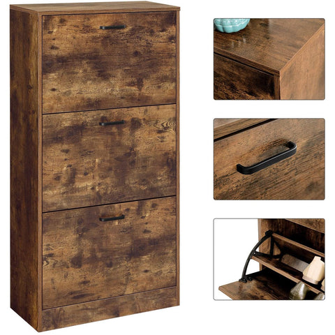 Rootz Shoe Cabinet - Organizer - 3 Hinged Doors - Brown - Processed Wood - 60 x 24 x 120 cm