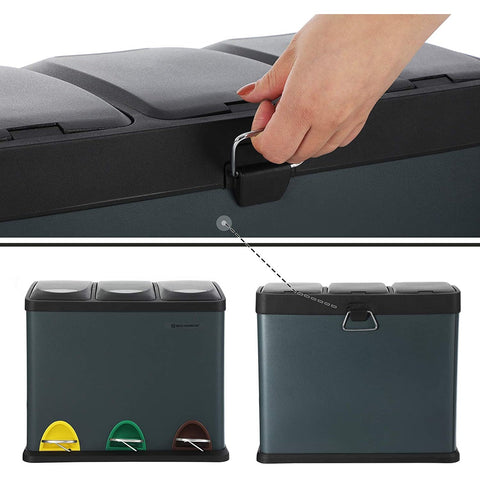 Rootz Trash Can 24L - Trash Can Waste Separation - Pedal Bin Stainless Steel - 3-in-1 Waste Bin - Smoke Gray