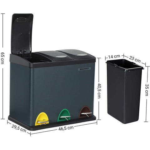 Rootz Trash Can 24L - Trash Can Waste Separation - Pedal Bin Stainless Steel - 3-in-1 Waste Bin - Smoke Gray