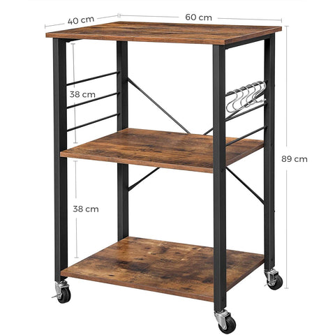 Rootz Kitchen trolley - Serving trolley - Kitchen trolleys - Rustic Brown - Industrial Trolley - 60 x 40 x 89 cm (LxWxH)