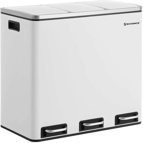 Rootz Trash Can 54L - Waste Separation System - 3 x 18 l - Pedal Bin - Waste Separation Trash Cans - Stainless Steel - White