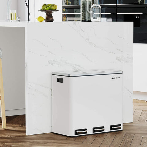 Rootz Trash Can 54L - Waste Separation System - 3 x 18 l - Pedal Bin - Waste Separation Trash Cans - Stainless Steel - White