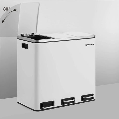Rootz Trash Can 54L - Waste Separation System - 3 x 18 l - Pedal Bin - Waste Separation Trash Cans - Stainless Steel - White