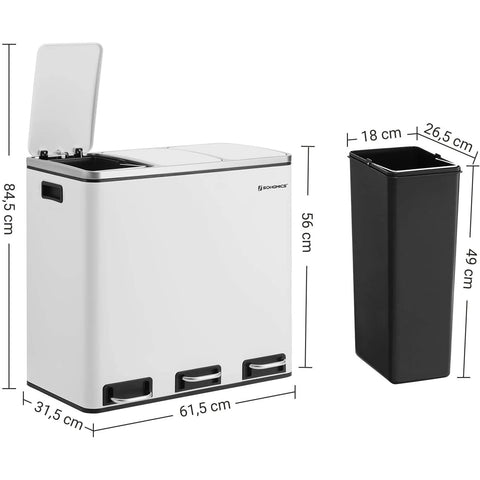 Rootz Trash Can 54L - Waste Separation System - 3 x 18 l - Pedal Bin - Waste Separation Trash Cans - Stainless Steel - White