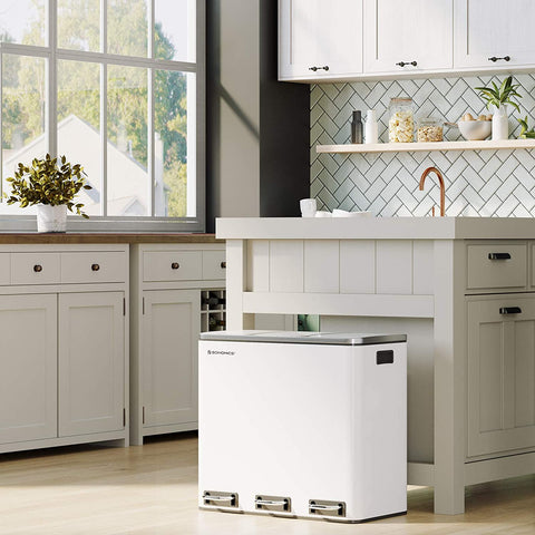 Rootz Trash Can 54L - Waste Separation System - 3 x 18 l - Pedal Bin - Waste Separation Trash Cans - Stainless Steel - White