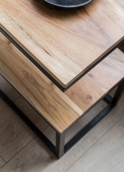 Rootz Side Table - S-Shape Solid Wood Acacia with Metal - Country Style Living Room Table - Square Storage Table - 45 x 60 x 30 cm