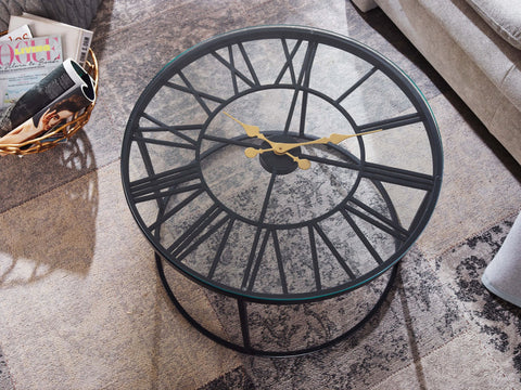 Rootz Black Coffee Table with Decorative Clock - Glass & Metal - Modern Design - Small Round Table - 60x60x43 cm