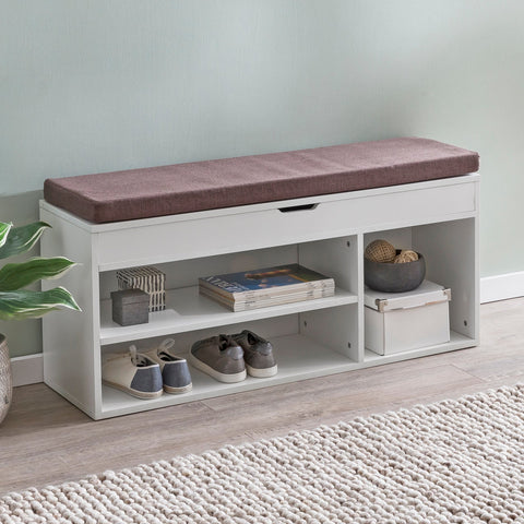 Rootz Wood Bench - Upholstered Seat Wardrobe Bench - Narrow Hallway Storage Bench - Shoe Storage Chest Bench - White - 104x51x32 cm