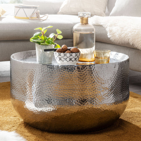 Rootz Coffee Table -  Silver Aluminum - Small Round Hammered Living Room Table - Oriental Design Round Aluminum Coffee Table - 60x60x35 cm
