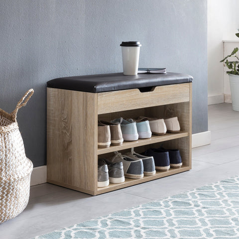 Rootz Wood Bench - Sonoma - Small Upholstered Bench - Narrow Hallway Bench with Storage - Shoe Chest Hallway Furniture - 60 x 40 x 30 cm