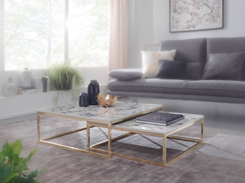 Rootz Coffee Table - Set of 2 White Marble Optics Design - Gold Metal Frame - Modern Nesting Tables for Elegant Living Room