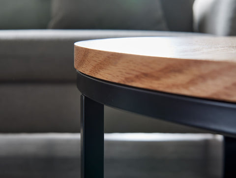 Rootz Coffee Table - Wood and Metal Living Room Table - Oak Design - Modern Round Room Table - Wooden Coffee Table - 70x70x45 cm