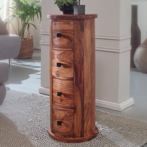 Rootz Sideboard - 4-Drawer Cabinet - Narrow Solid Side Cabinet - Round Mini Dresser - Sheesham Solid Wood - 35x85x35cm