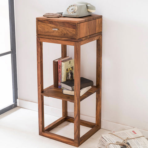 Rootz Side Table - Sheesham - Solid Wood Telephone Table with Drawer - 35x35x90cm