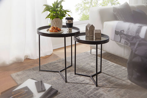Rootz Side Table Set - 2 Pieces - Black with Mirror Glass Top - Living Room Nesting Tables - Mirrored Coffee Table Pair - Round 50-36cm