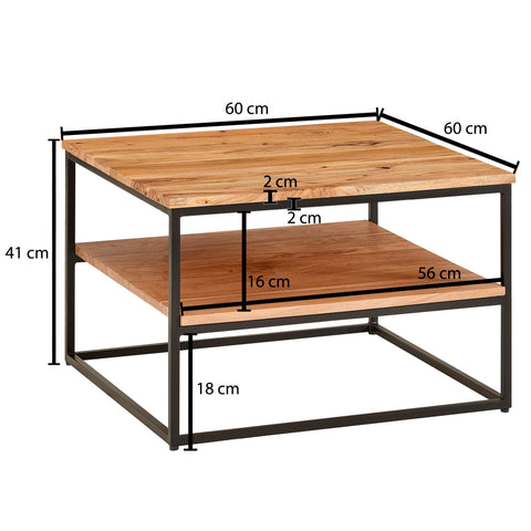 Rootz Coffee Table - Acacia Wood with Metal Frame - Industrial Style Living Room Table - Square Design with Storage Space - 60x60x41cm