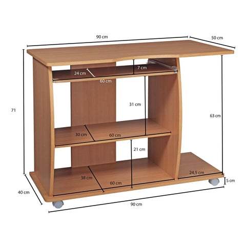 Rootz Computer Desk -  Rollable Beech - Keyboard Tray - Lockable Castors - Printer Storage - Space-saving Design - 90 x 71 x 50 cm