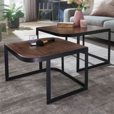 Rootz Coffee Tables - Dark Industrial Living Room Tables - Black Metal Leg Nesting Side Tables - 2-Piece Wooden Placemat Nesting Tables -  Set of 2 Mango Solid Wood and Metal