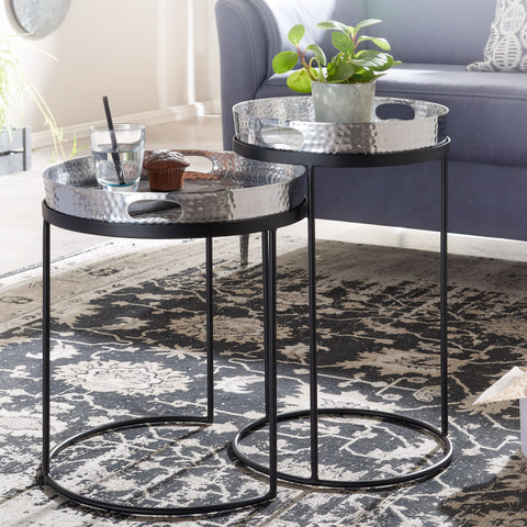 Rootz Round Coffee Table - Set of 2 Silver-Black Metal Hammer Finish Nesting Tables - Round Coffee Table with Removable Tray - Modern 2-Piece Tray Sofa Table