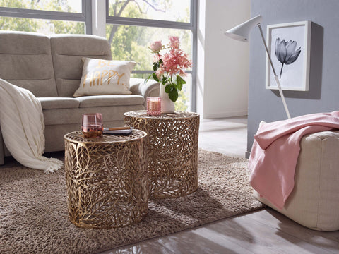 Rootz Nesting Tables - Set of 2 - Gold Aluminum - Modern Design with Flower Pattern - Metal Round Coffee Table for Living Room