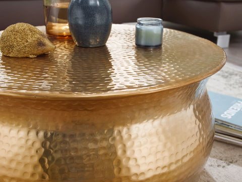 Rootz Coffee Table - Gold Aluminum - Oriental Round Side Table - Flat Hammered Metal Coffee Table - Modern Design Living Room Table - Small Indian Lounge Stub Table - 60x30.5x60cm