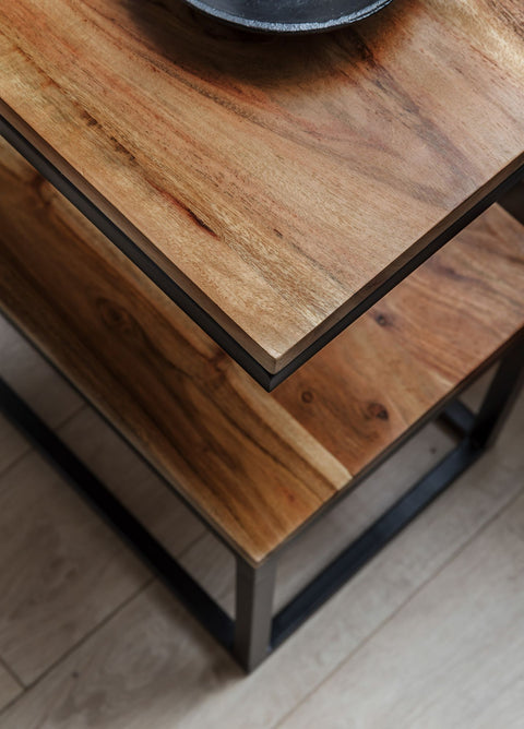 Rootz Side Table - S-Shape Solid Wood Sheesham with Metal - Country Style Living Room Table - Square Storage Table - 45 x 60 x 30 cm