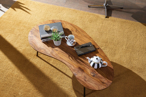 Rootz Coffee Table - Sheesham Wood - Black Metal Legs - Kidney Shape - Modern Design - 122x36x63cm