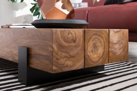 Rootz Coffee Table - Sheesham Wood - Metal Sofa Table - Modern Design in Brown and Black - 115x22x44cm