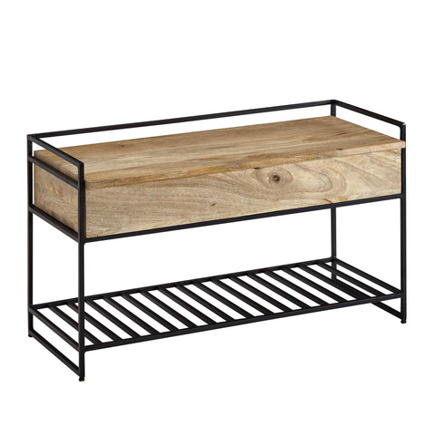 Rootz Storage Bench - Metal Hallway Bench - Small Shoe Bench with Seat - Narrow Entryway Bench with Shoe Rack - Brown - Solid Mango Wood - 90x52x38 cm
