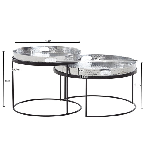 Rootz Round Side Table - Set of 2 Silver-Black Metal Hammer Finish Nesting Tables - Round Coffee Table with Removable Tray - Modern 2-Piece Tray Sofa Table