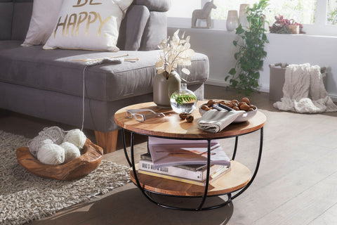 Rootz Round Coffee Table - Acacia Solid Wood - Metal Legs - Industrial Brown - Design Living Room Table with Shelf - (60x34.5x60 cm)