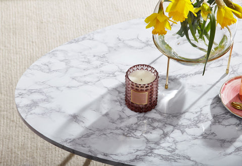 Rootz White Marble Look Coffee Table - Metal Frame Living Room Table - Oval Lounge Table - 120x40x60 cm