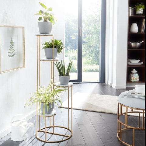 Rootz Plant Stand - Real Marble White -  Gold Standing - Modern Free-Standing Flower Stool with 4 Shelves - 36.5x107.5x36.5 cm
