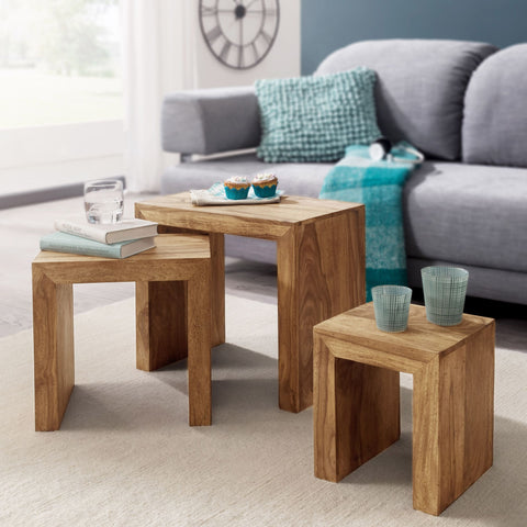 Rootz Nesting Tables - Set of 3 - Acacia Wood - Dark Brown - Country Style - Natural Wood - Living Room Side Tables