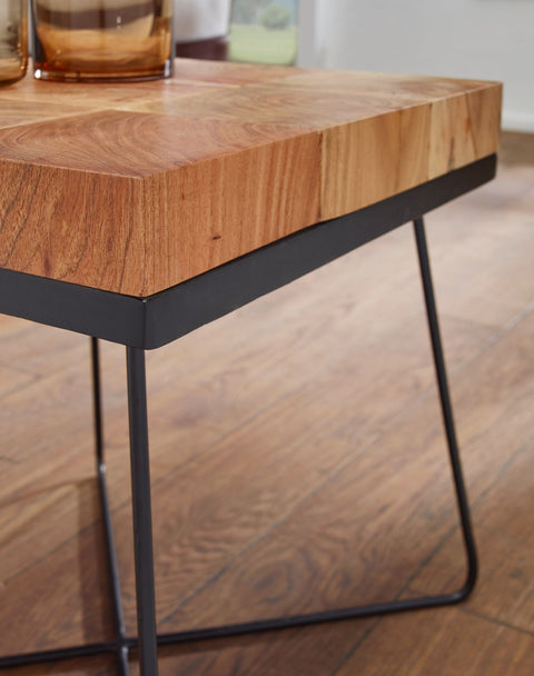 Rootz Side Table - Acacia Solid Wood with Metal Frame - Industrial Square Table Brown - Modern Living Room Table - 45x45x51cm