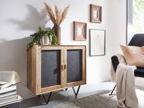 Rootz Sideboard Cabinet - 2 Door Chest of Drawers - Small Solid Wood Chest - Multi-Purpose Standing Cupboard with Metal Frame - Brown Stone - Solid Mango Wood - 80x75x35 cm