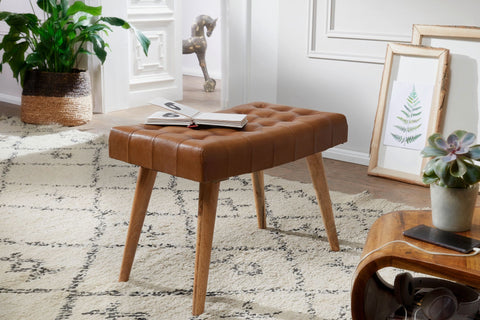 Rootz Stool - Real Leather Chesterfield Design - Brown Leather Stool - Country Footstool, No Backrest - Mango Solid Wood - 67x47x39cm