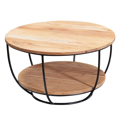 Rootz Round Coffee Table - Acacia Solid Wood - Metal Legs - Industrial Brown - Design Living Room Table with Shelf - (60x34.5x60 cm)