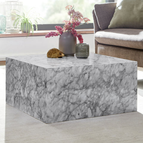 Rootz Coffee Table - Marble Look Design - Cube Square Living Room Table - Lounge Side Table - White High Gloss - 60x30x60 cm