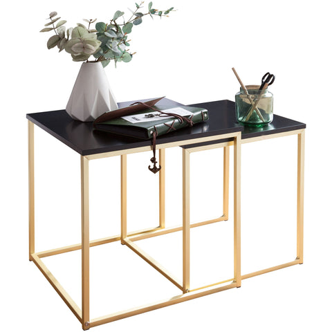 Rootz Black-Gold Table Set - Modern Metal and MDF Side Tables -  Wooden Plate - 2-Piece Coffee Table - Small Living Room Storage -