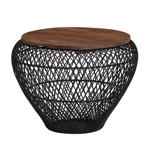Rootz Round Coffee Table - Black with Storage - Modern Design - Wire Basket - Mango Wood & Metal - 60x60x45 cm