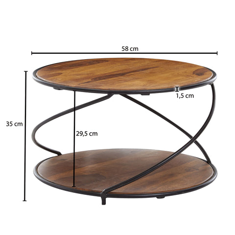 Rootz Coffee Table - Round Metal Coffee Table - Modern Living Room Table with Storage - Small Side Table -  Solid Sheesham Wood - 58x58x35 cm