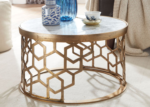 Rootz Coffee Table - Gold Metal Design - Round Living Room Table - Modern Small Coffee Table - Side Table for Living Room - White Marble - 60x60x36 cm