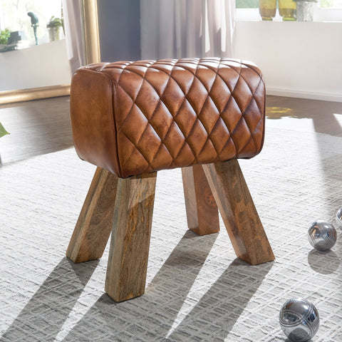 Rootz Stool - Real Leather - Modern Footstool - Turnbock Brown Leather Stool - Small Upholstered Wooden Stool - Solid Wood - 40x48x27cm