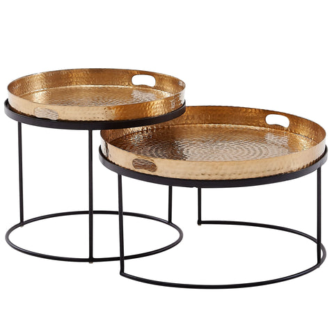 Rootz Round Side Table - Set of 2 Gold-Black Metal Hammer Finish Nesting Tables - Round Coffee Table with Removable Tray - Modern 2-Piece Tray Sofa Table